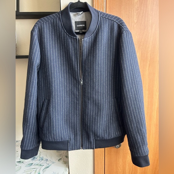 Express Men's Navy Pinstripe Bomber Jacket - Picture 1 of 6